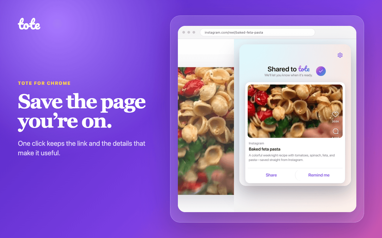 Tote for Chrome saving an Instagram recipe from the active browser tab