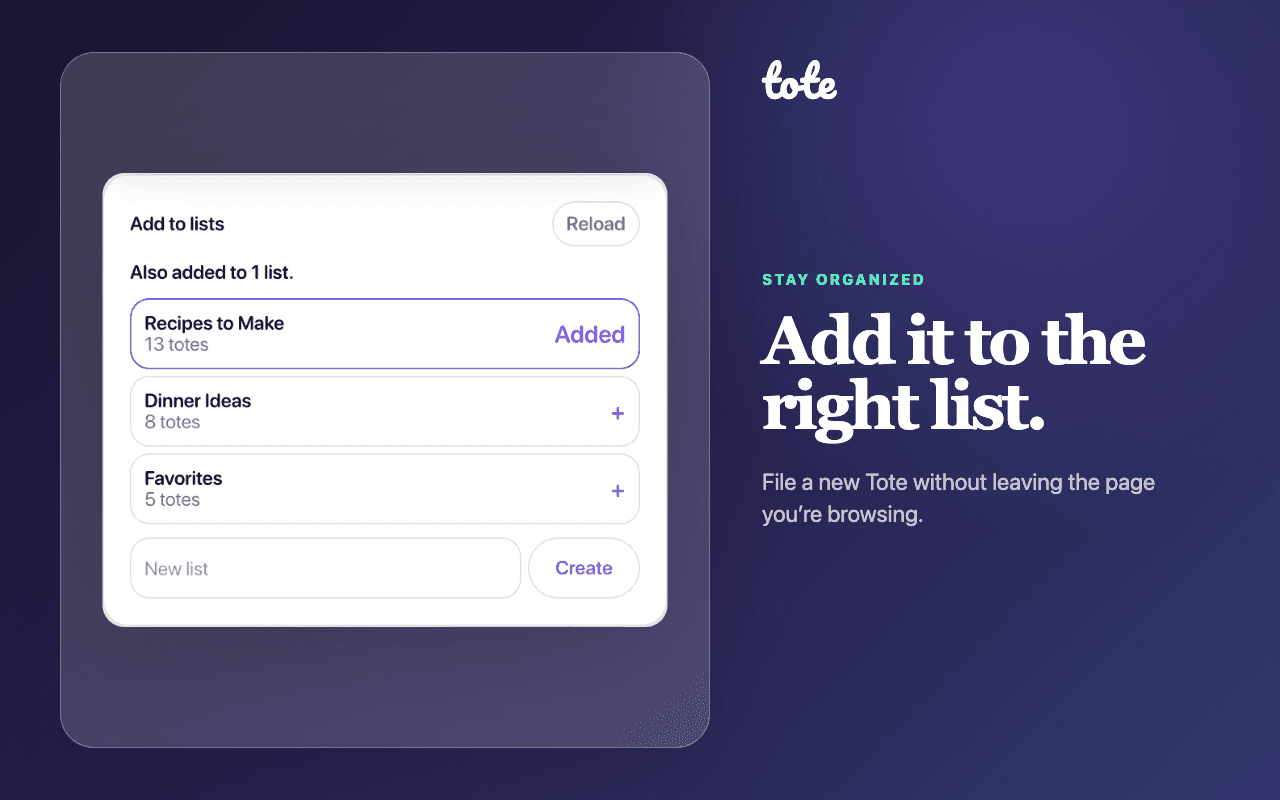 Tote for Chrome list picker showing Recipes to Make selected and controls for other lists