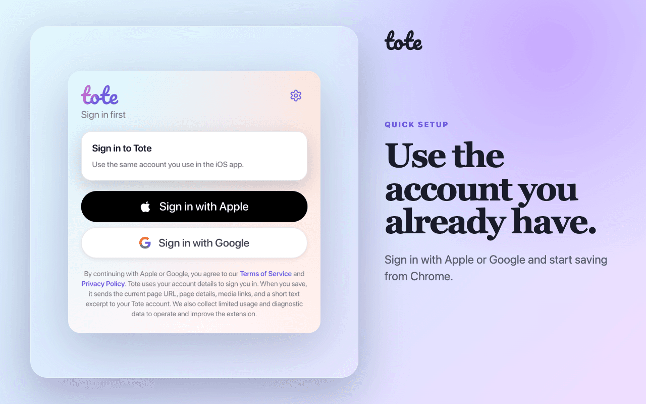 Tote for Chrome sign-in screen with Apple and Google options and its data disclosure