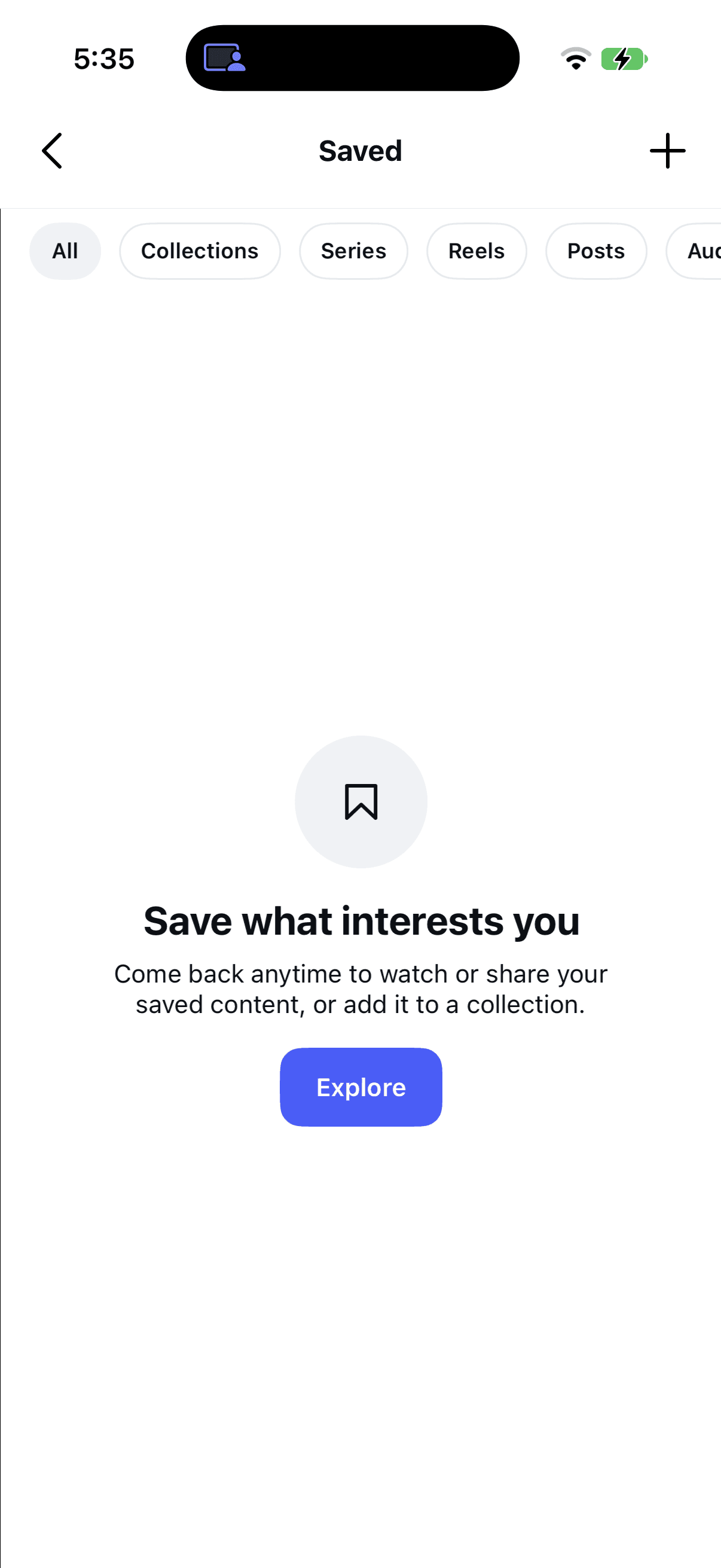 Instagram Saved screen showing All, Collections, Series, Reels, and Posts