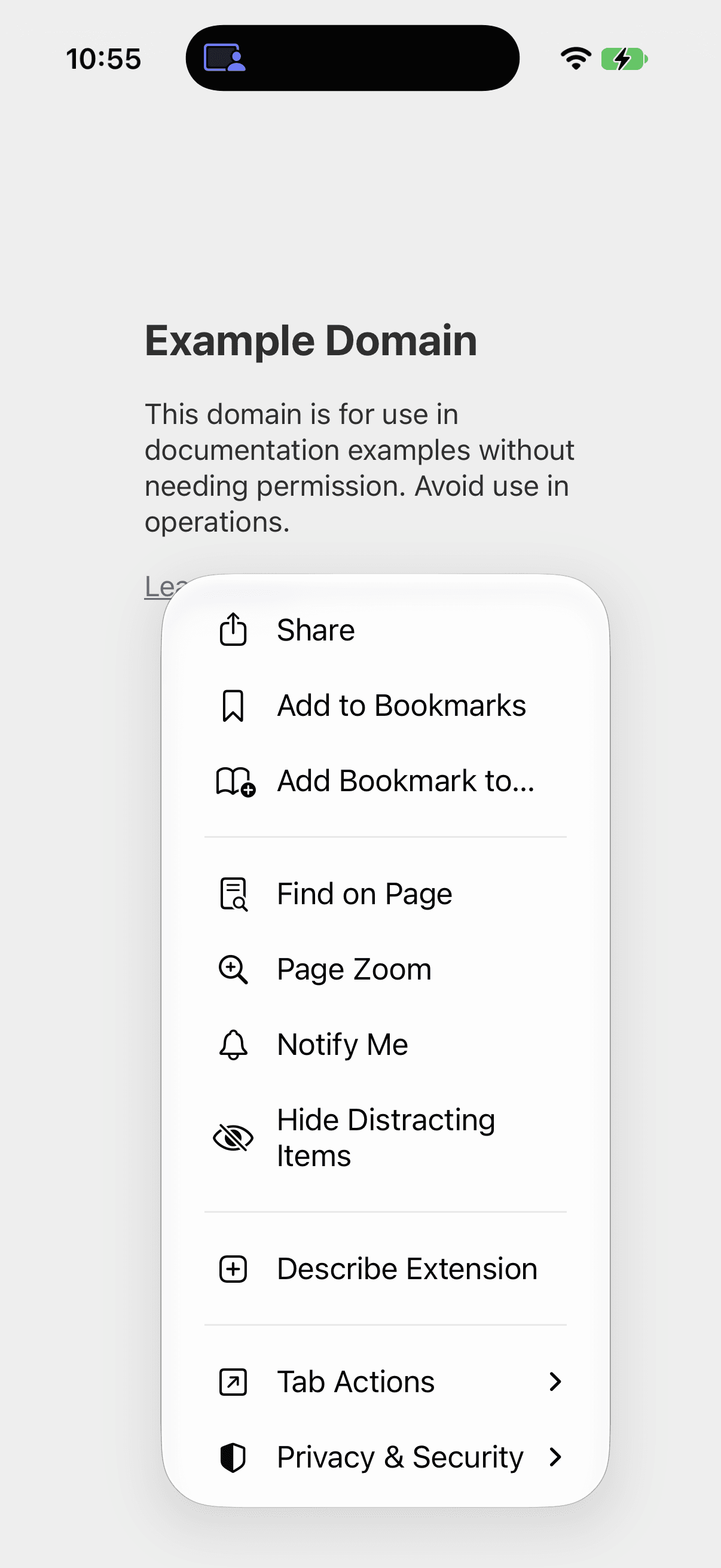 Safari page actions showing Share, Add to Bookmarks, and other page controls