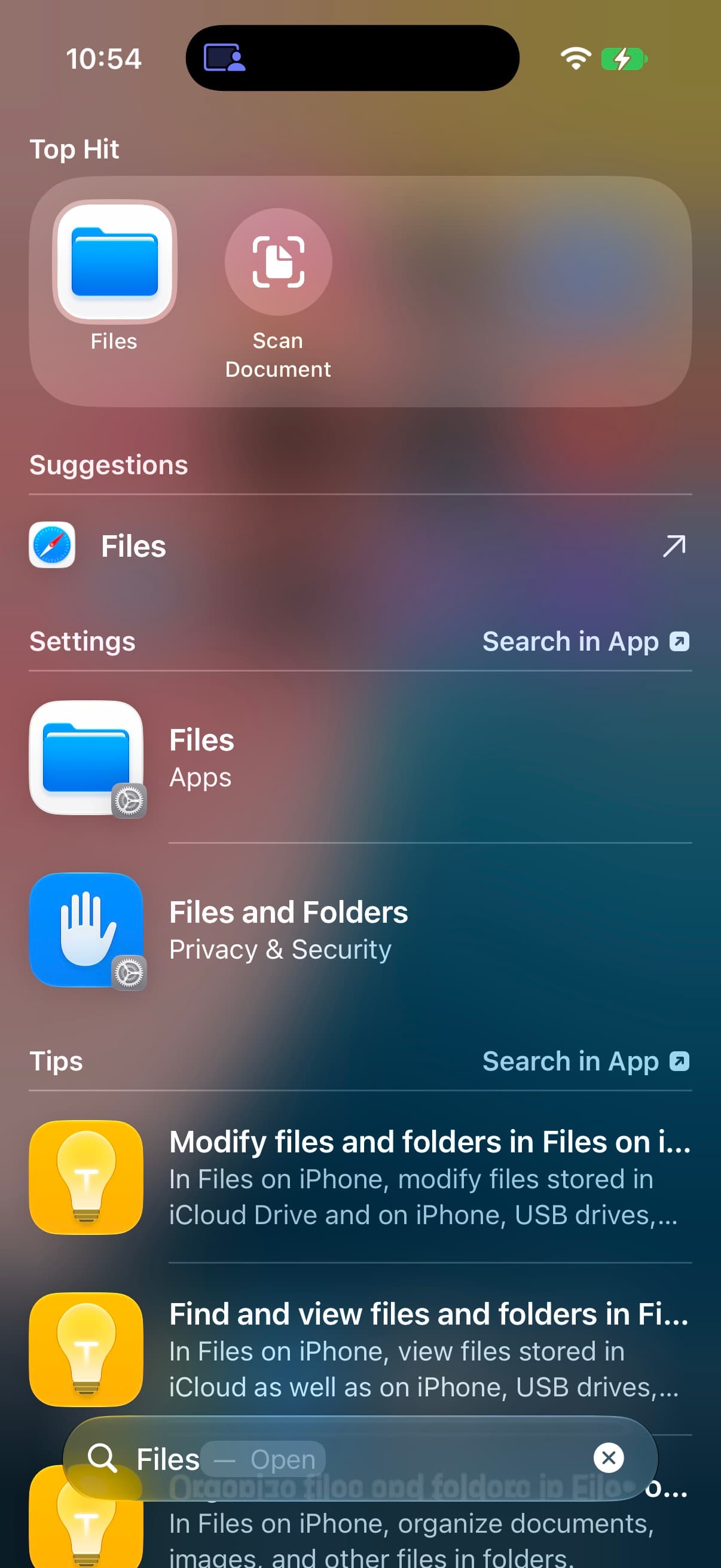 iPhone Spotlight search results for Files