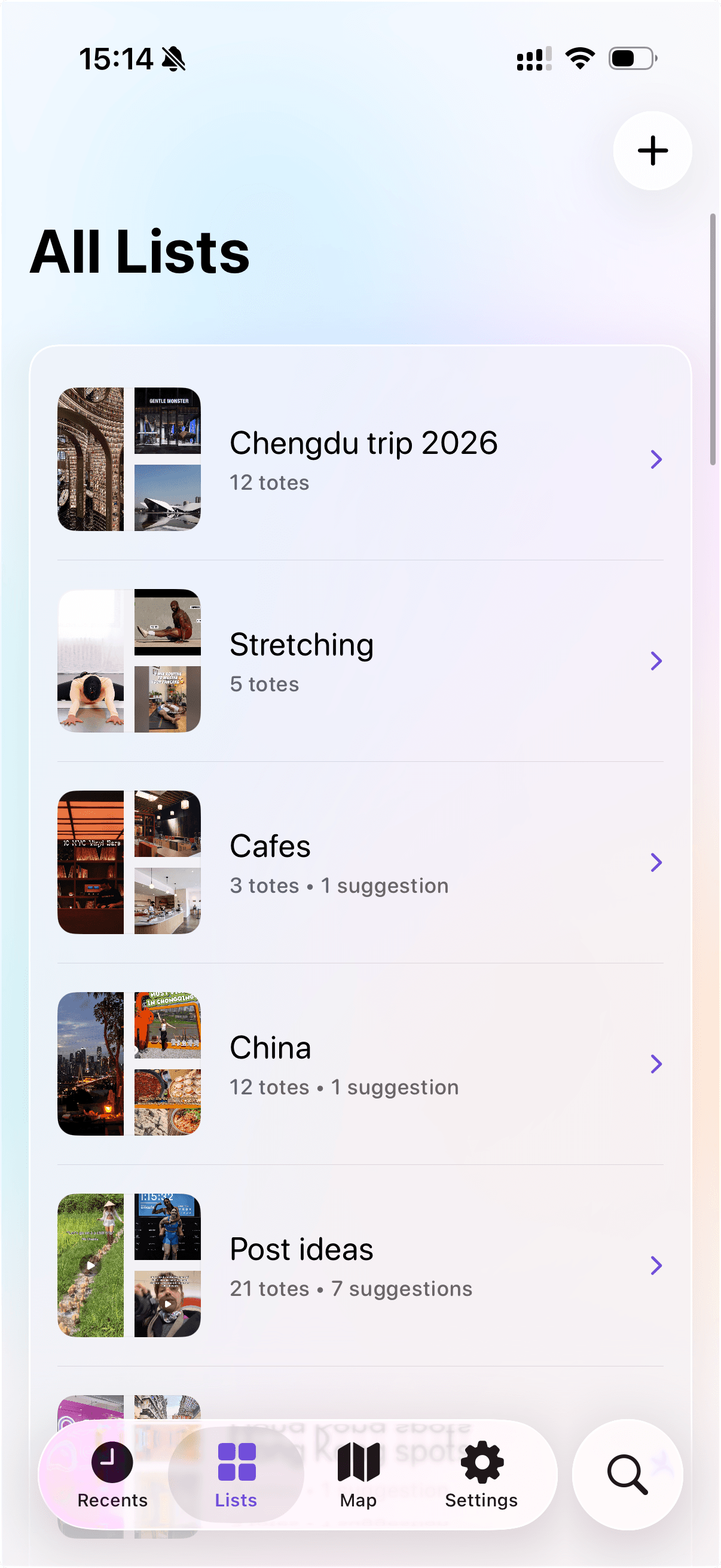Tote lists screen showing saved lists for trips, cafes, stretching, China, and post ideas.