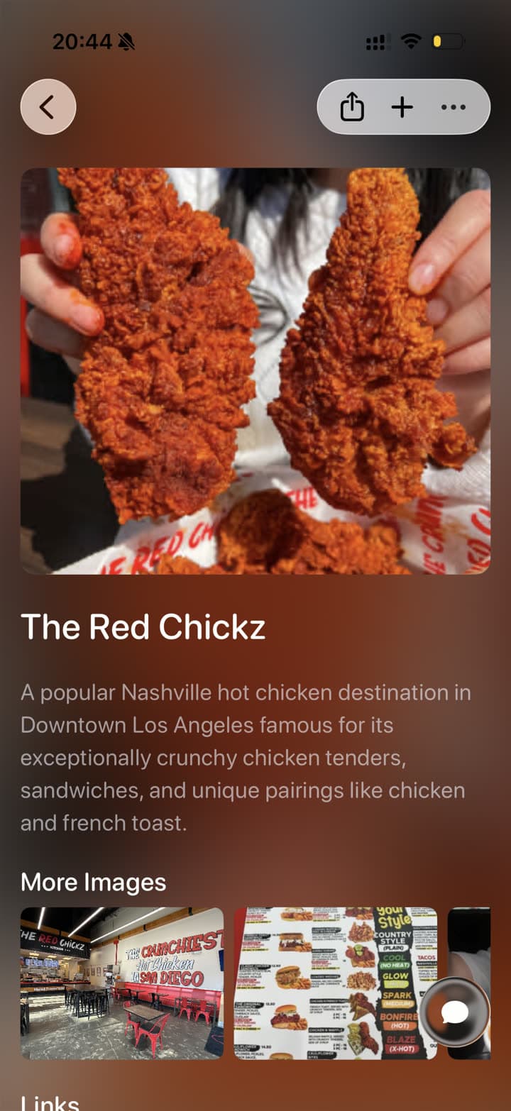 A restaurant screenshot saved as a Tote card