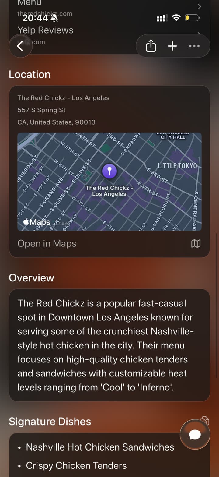 A restaurant screenshot organized in Tote with map and overview