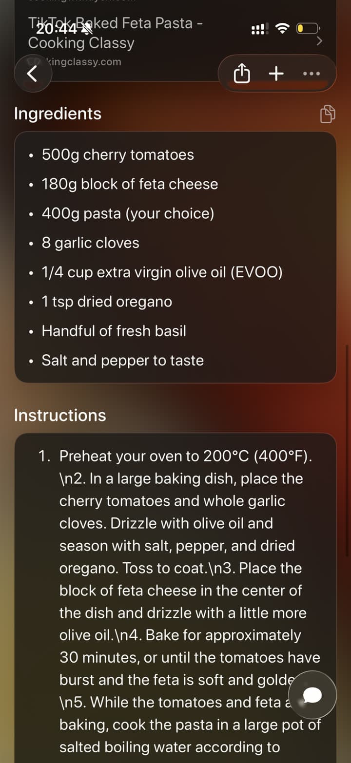 A baked feta pasta recipe organized in Tote with instructions