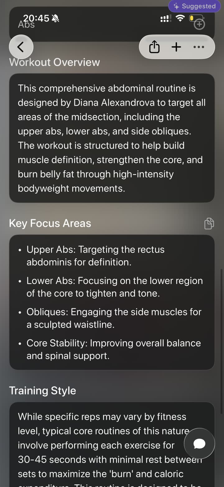 A workout screenshot organized in Tote with routine details