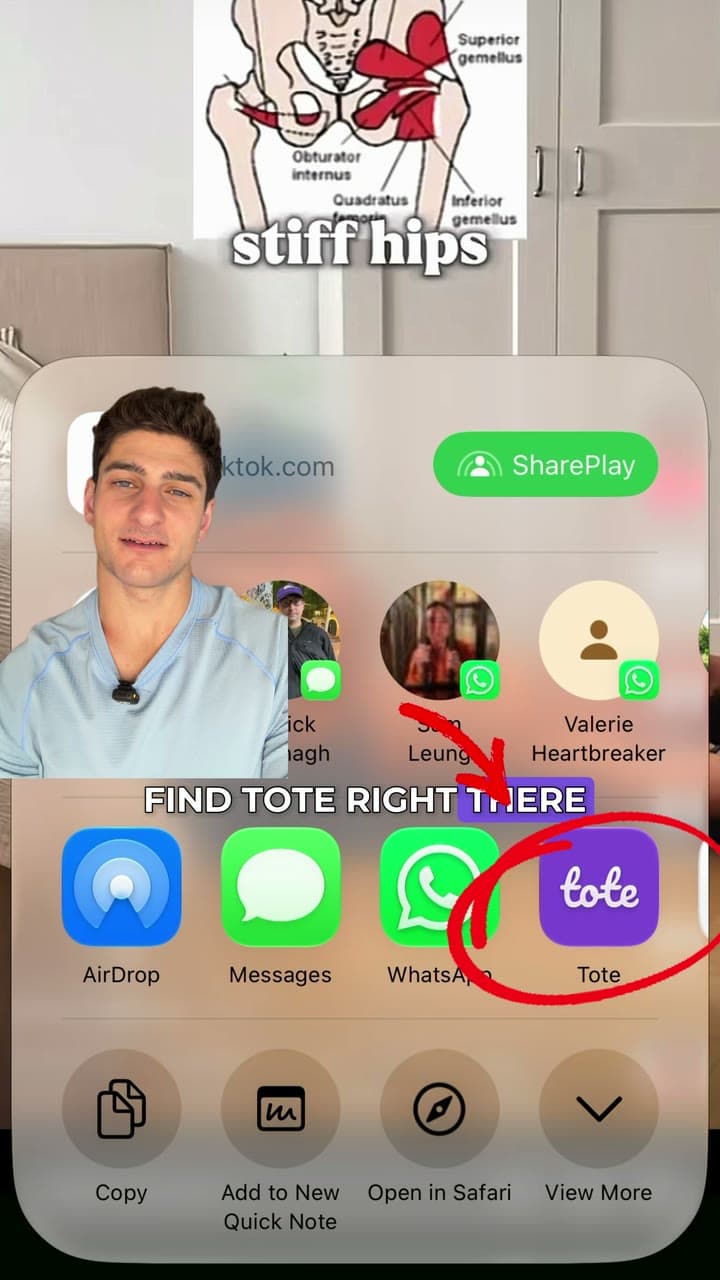 Choosing Tote from the iPhone share sheet in TikTok