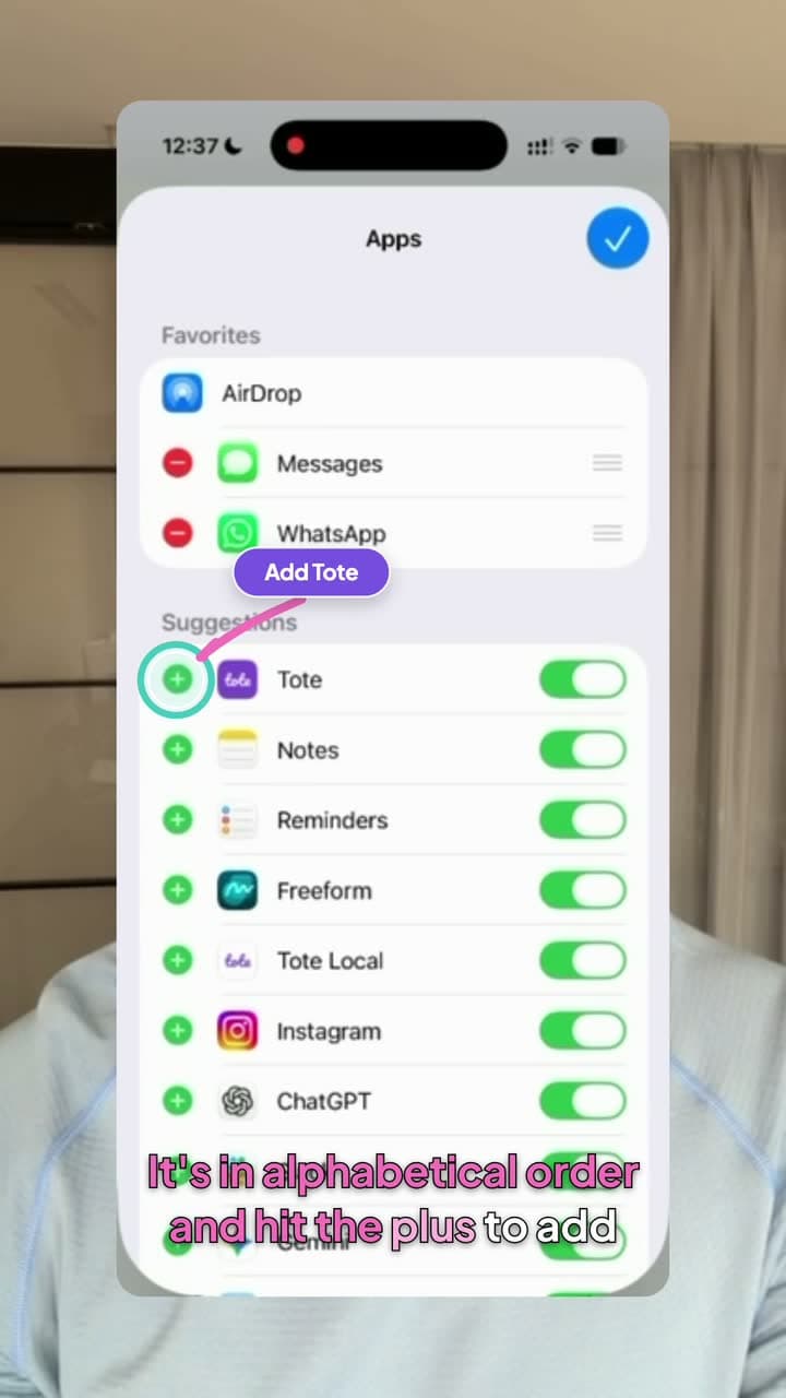 Adding Tote to Favorites in the iPhone share sheet