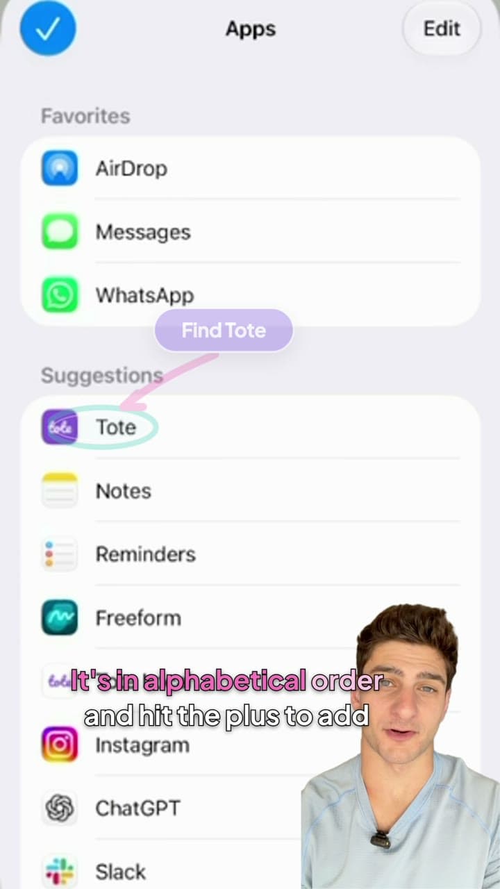 Adding Tote to Favorites in the iPhone share sheet